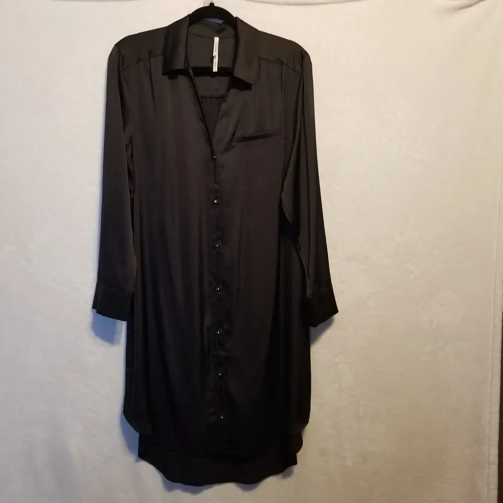 Soma M Dress Sleep Shirt Black Satin Button Front Loungewear Nightgown Classic